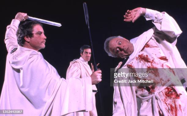 View of actor Richard Dreyfuss and unidentified others in a BAM Theater Company production of 'Julius Caesar,' New York, New York, March 1978.