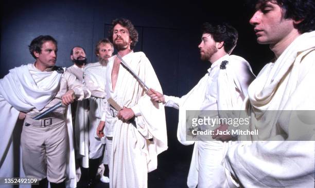 View of actors Richard Dreyfuss , Rene Auberjonois , and unidentified others in a BAM Theater Company production of 'Julius Caesar,' New York, New...