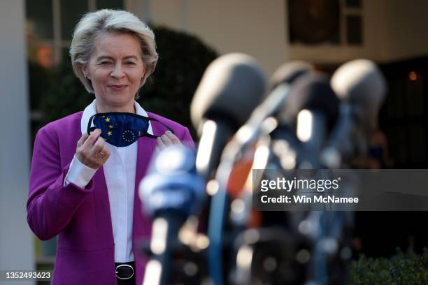 European Commission President Ursula Von Der Leyen walks to speak with members of the press outside the White House on November 10, 2021 in...