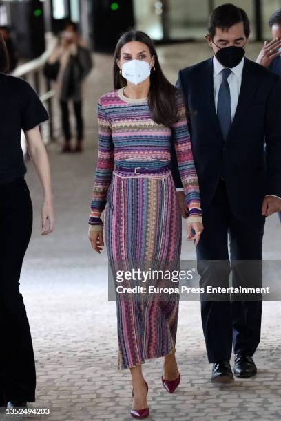 Queen Letizia on her arrival at the event organized by the BBVA Microfinance Foundation "Connected by digital opportunity", which aims to show the...