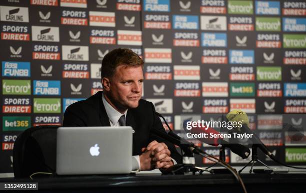 Newcastle United Head Coach Eddie Howe on stage during his first press conference as Head Coach at St. James Park on November 10, 2021 in Newcastle...