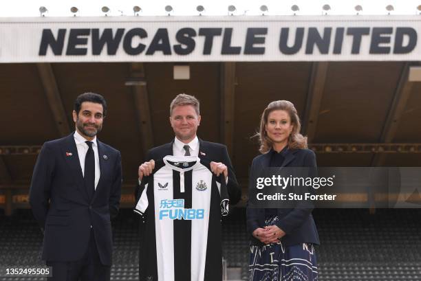 New Newcastle Head Coach Eddie Howe pictured at his unveiling press conference with Directors Amanda Staveley and Mehrdad Ghodoussi at St. James Park...