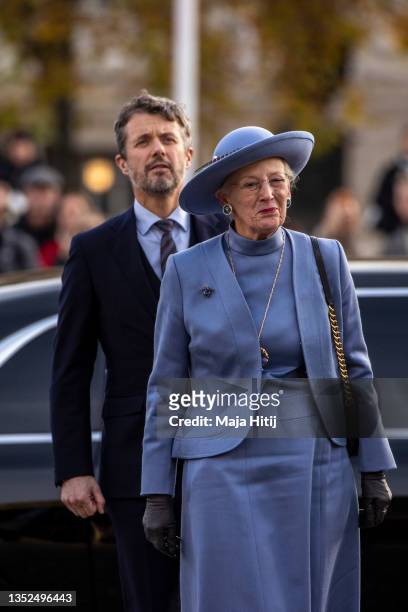 Queen Margrethe II of Denmark and Crown Prince Frederik of Denmark visit the Neue Wache memorial to victims of war and tyranny on November 10, 2021...