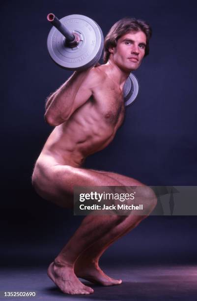 Portrait of fitness model Rick Foster as he lifts a barbell, New York, New York, October 1978. The photo was taken for After Dark magazine.