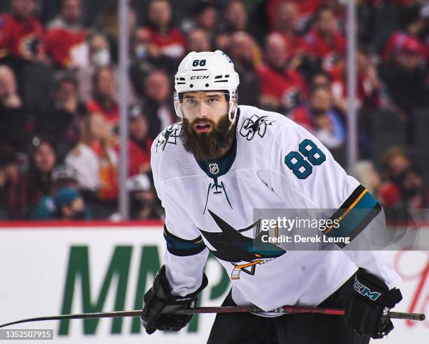 Brent Burns of the San Jose Sharks in action against the Calgary Flames during an NHL game at Scotiabank Saddledome on November 9, 2021 in Calgary,...