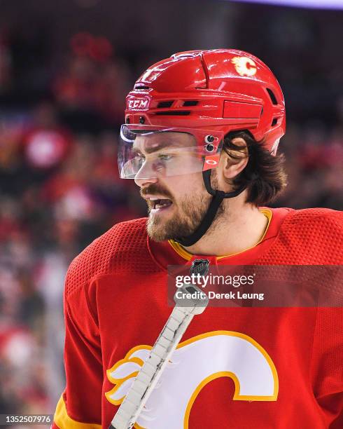 Rasmus Andersson of the Calgary Flames in action against the San Jose Sharks during an NHL game at Scotiabank Saddledome on November 9, 2021 in...
