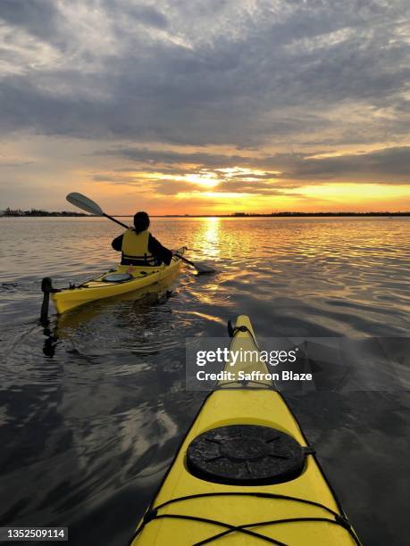 a couple kayaking towards the sunset - kayaking florida stock pictures, royalty-free photos & images