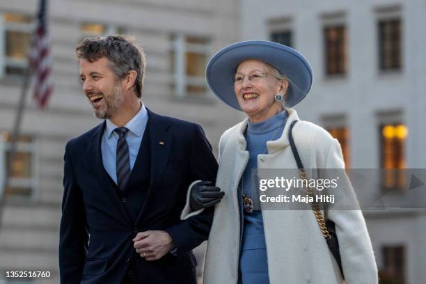 Crown Prince Frederik of Denmark and Queen Margrethe II of Denmark visit the Brandenburg Gate on November 10, 2021 in Berlin, Germany. The Danish...