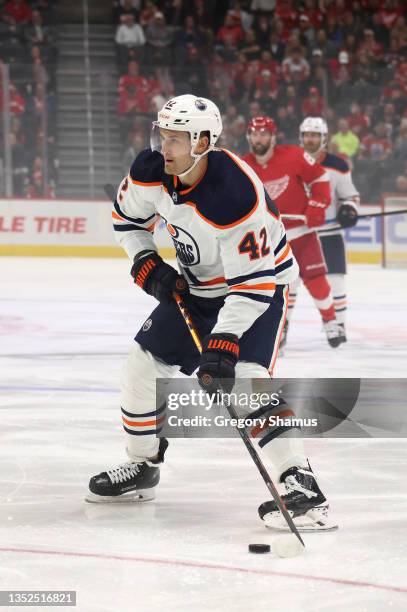 Brendan Perlini of the Edmonton Oilers skates against the Detroit Red Wings at Little Caesars Arena on November 09, 2021 in Detroit, Michigan.