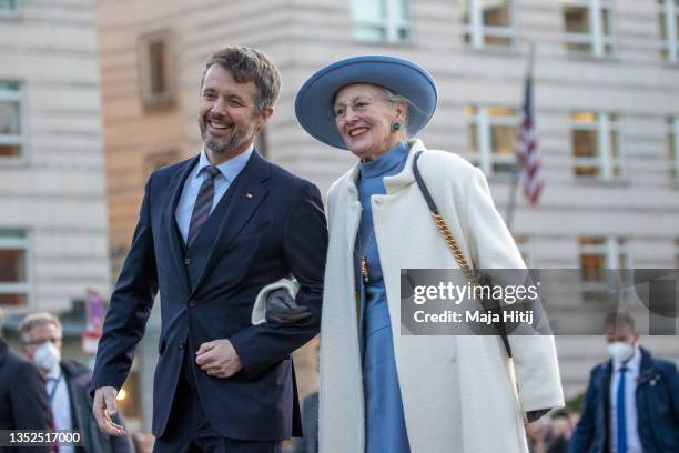 Crown Prince Frederik of Denmark and Queen Margrethe II of Denmark visit the Brandenburg Gate on November 10, 2021 in Berlin, Germany. The Danish...