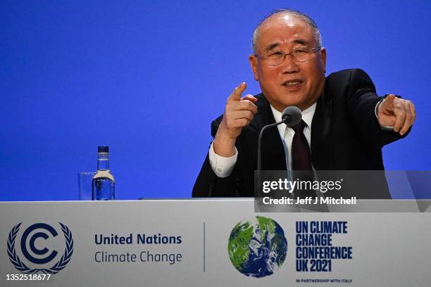 China's special climate envoy, Xie Zhenhua speaks during a joint China and US statement on a declaration enhancing climate action in the 2020s on day...