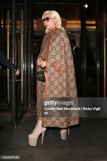 Lady Gaga seen leaving her hotel ahead of BAFTA Film: House of Gucci - film screening on November 10, 2021 in London, England.