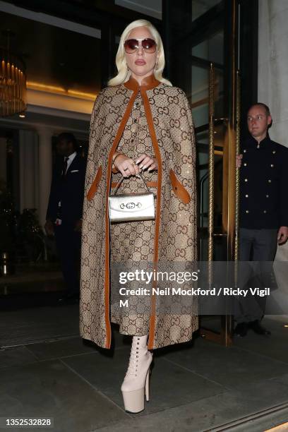 Lady Gaga seen leaving the Corinthia Hotel on November 10, 2021 in London, England.