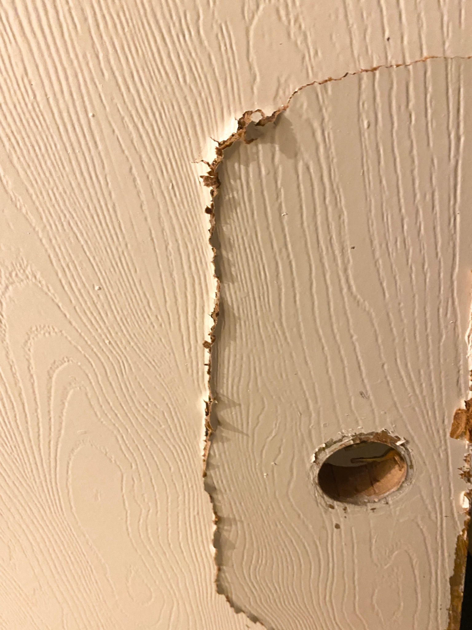 Broken bathroom door that was smashed open after it got stuck Broken bathroom door that was smashed open after it got stuck