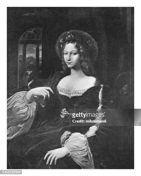 old engraved illustration of portrait of doña isabel de requesens y enríquez de cardona-anglesola (giovanna d'aragona) by giulio romano and raphael - the louvre all the paintings stock pictures, royalty-free photos & images