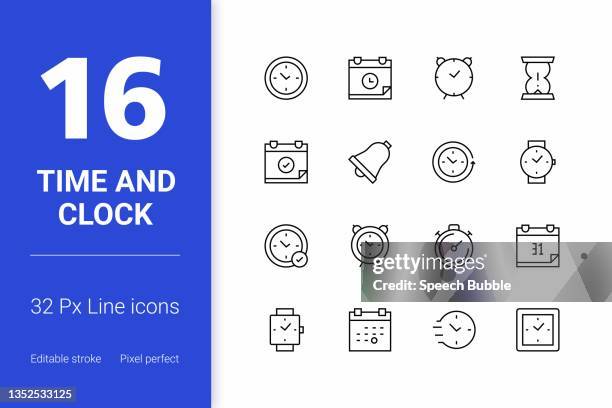 stockillustraties, clipart, cartoons en iconen met time and clock editable stroke line icons - tijdlijn