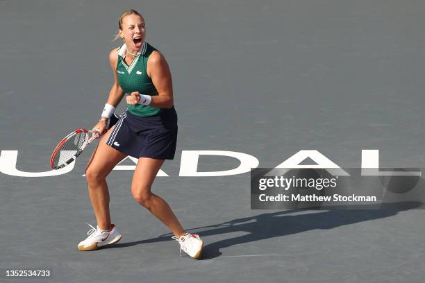 Anett Kontaveit of Estonia celebrates the match point in her singles match against Barbora Krejcikova of Czech Republic during Day 1 of 2021 Akron...