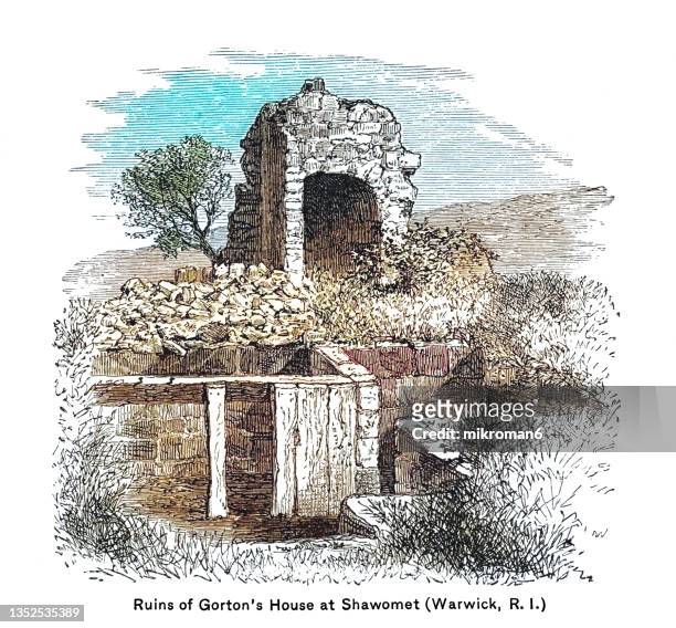 old engraved illustration of ruins of gorton's house built after king philip's war - rhode island homes stock pictures, royalty-free photos & images