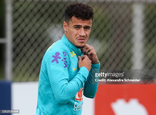 Philippe Coutinho of Brazil looks on during a training session ahead of FIFA Qatar 2022 Qualifiers match against Colombia on November 10, 2021 in Sao...