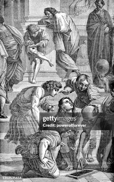illustrations, cliparts, dessins animés et icônes de l’école d’athènes à stanza della segnatura, fresque de raphaël (raffaello sanzio da urbino) - 16ème siècle - grèce antique