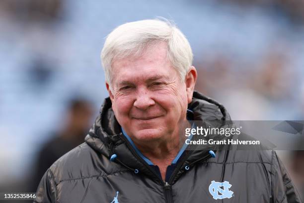 Head coach Mack Brown of the North Carolina Tar Heels looks on during their game against the Wake Forest Demon Deacons at Kenan Memorial Stadium on...