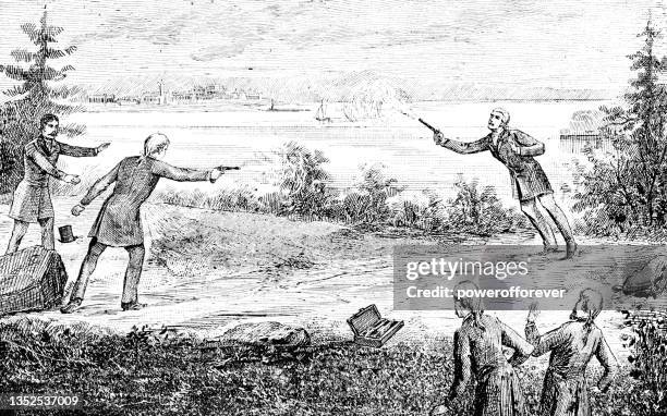 stockillustraties, clipart, cartoons en iconen met aaron burr and alexander hamilton duel at weehawken, new jersey, united states - 19th century - duelleren