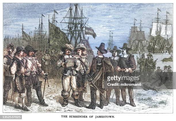 old engraving illustration of the surrender of jamestown - jamestown stock pictures, royalty-free photos & images