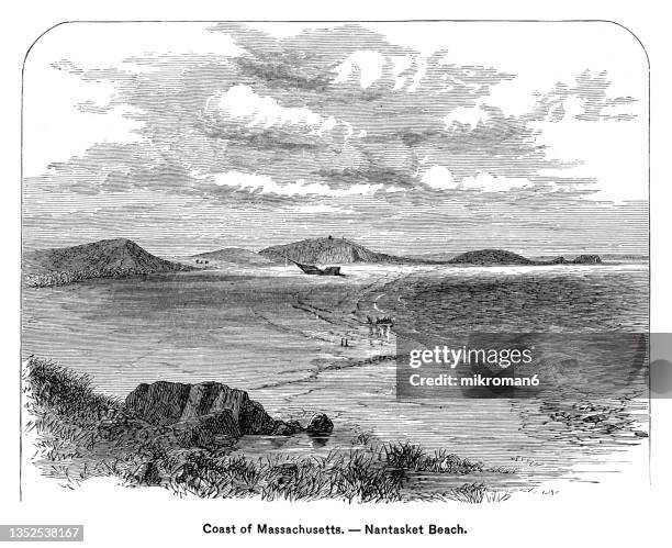 old engraved illustration of coast massachusetts, nantasket beach (beach in hull, massachusetts) - black and white sketch clouds stock pictures, royalty-free photos & images