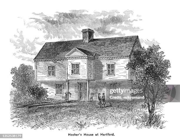 old engraved illustration of hooker's house on school street (now arch street) in hartford, connecticut - school yard ストックフォトと画像