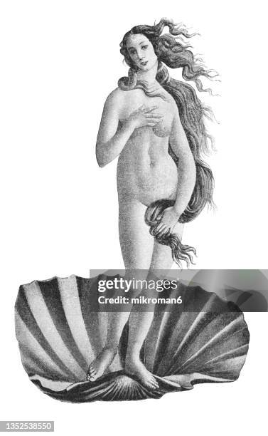 old engraved illustration of the birth of venus painting by sandro botticelli - venus roman goddess stock pictures, royalty-free photos & images