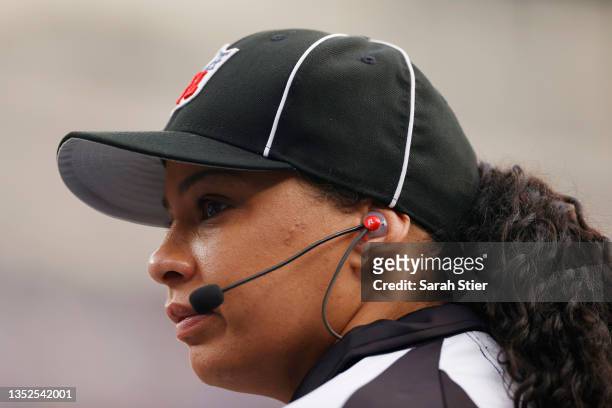 Line Judge Maia Chaka looks on during the game between the New York Giants and the Las Vegas Raiders at MetLife Stadium on November 07, 2021 in East...