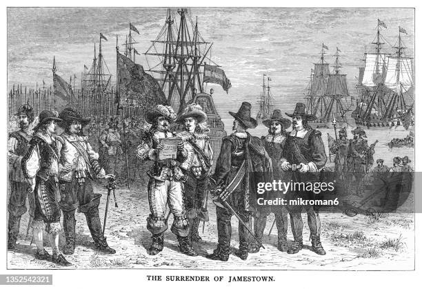 old engraving illustration of the surrender of jamestown - jamestown - fotografias e filmes do acervo