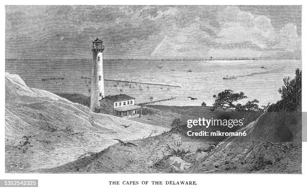 old engraving illustration of the capes of the delaware - black and white sketch clouds stock pictures, royalty-free photos & images