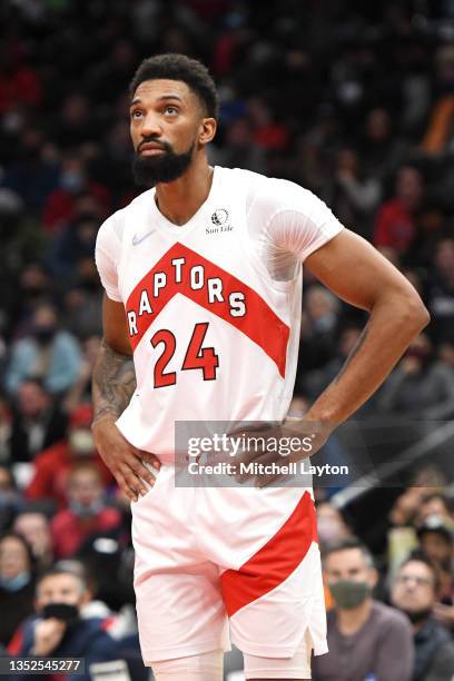 Khem Birch of the Toronto Raptors looks on during a NBA basketball game against the Washington Wizards at Capital One Arena on November 3, 2020 in...