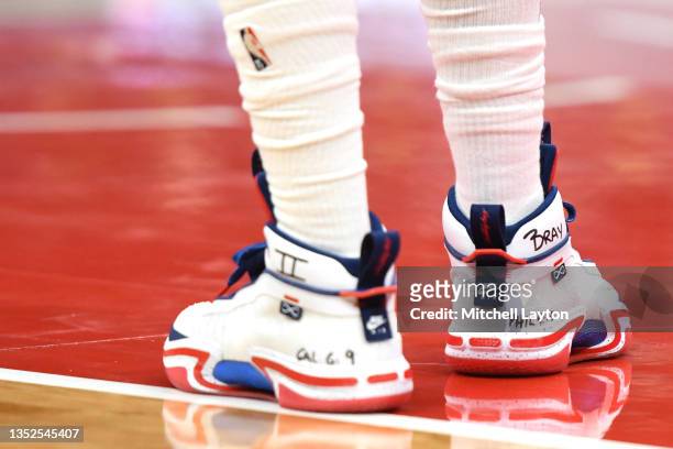 Bradley Beal of the Washington Wizards shoes during a NBA basketball game against the Toronto Raptors at Capital One Arena on November 3, 2020 in...