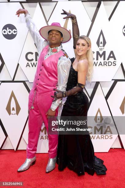 Jimmie Allen and Emma Slater attend the 55th annual Country Music Association awards at the Bridgestone Arena on November 10, 2021 in Nashville,...