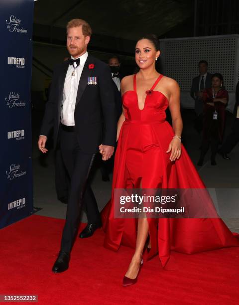 Prince Harry, Duke of Sussex and Meghan, Duchess of Sussex attend the 2021 Salute To Freedom Gala at Intrepid Sea-Air-Space Museum on November 10,...