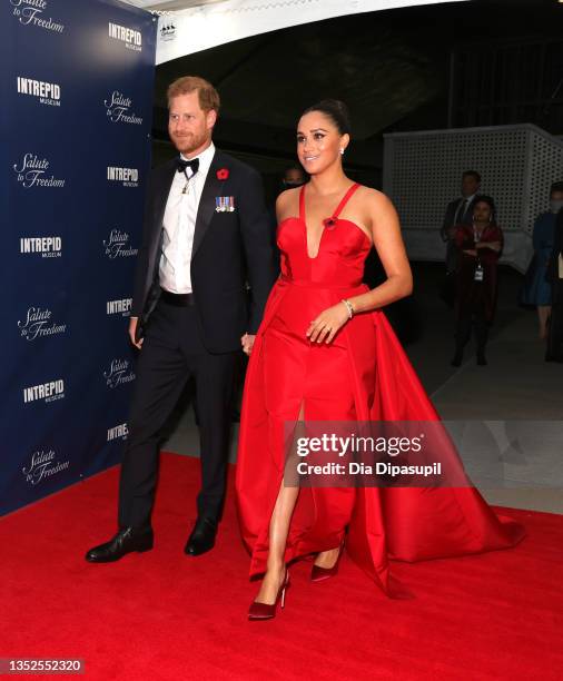 Prince Harry, Duke of Sussex and Meghan, Duchess of Sussex attend the 2021 Salute To Freedom Gala at Intrepid Sea-Air-Space Museum on November 10,...