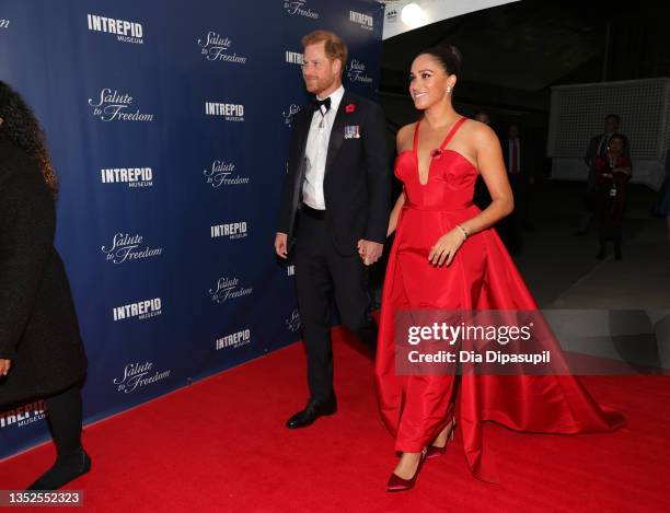 Prince Harry, Duke of Sussex and Meghan, Duchess of Sussex attend the 2021 Salute To Freedom Gala at Intrepid Sea-Air-Space Museum on November 10,...