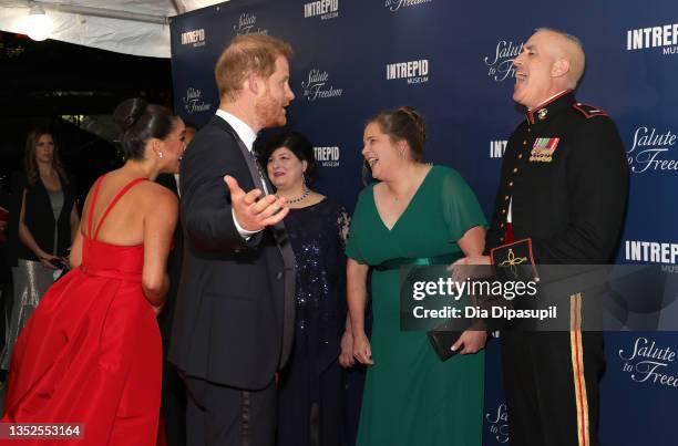 Meghan, Duchess of Sussex, Prince Harry, Duke of Sussex and CWO5 Stephen Rudinski, Valor Award recipient attend the 2021 Salute To Freedom Gala at...