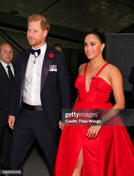 Prince Harry, Duke of Sussex, and Meghan, Duchess of Sussex attend as Intrepid Museum hosts Annual Salute To Freedom Gala on November 10, 2021 in New...