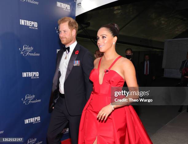 Prince Harry, Duke of Sussex, and Meghan, Duchess of Sussex attend as Intrepid Museum hosts Annual Salute To Freedom Gala on November 10, 2021 in New...