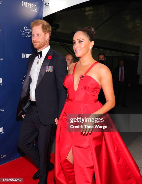 Prince Harry, Duke of Sussex, and Meghan, Duchess of Sussex attend as Intrepid Museum hosts Annual Salute To Freedom Gala on November 10, 2021 in New...