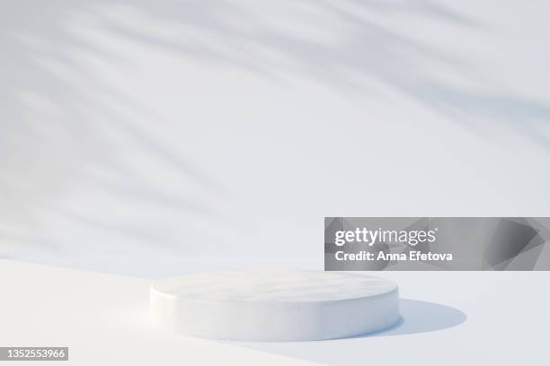 cylindrical white ceramic podium on white background with many plant shadows. perfect platform for showing your products. three dimensional illustration - three dimensional ストックフォトと画像