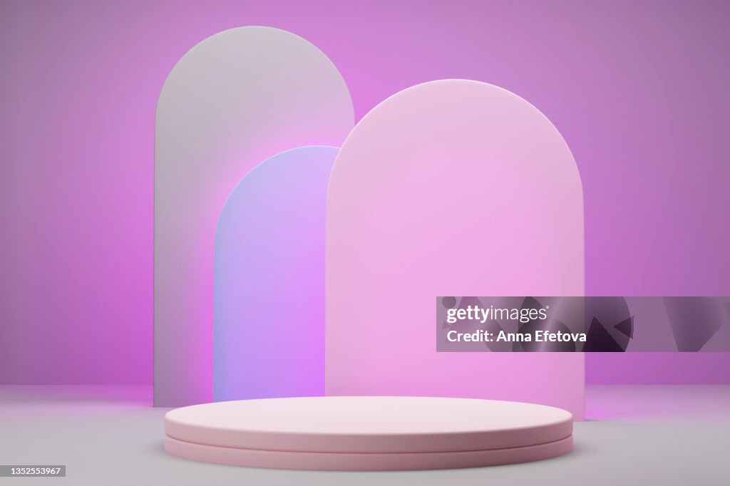 Round ceramic pink podium on pastel purple background with abstract pink shapes. Perfect platform for showing your products. Three dimensional illustration