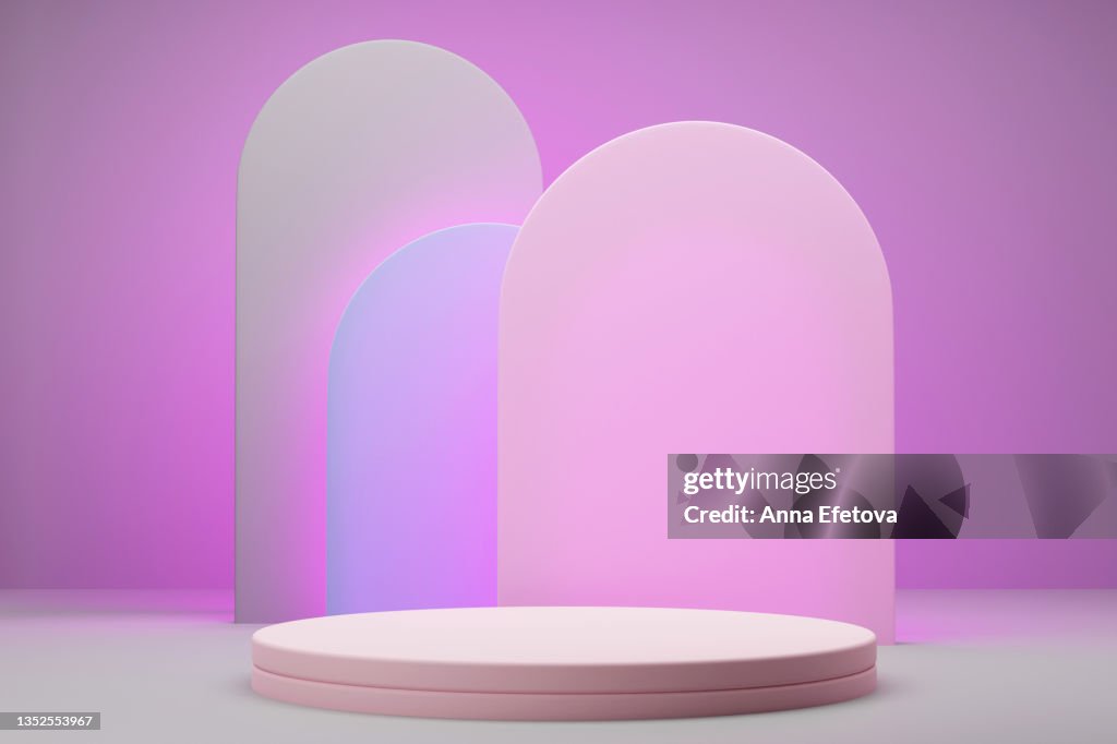 Round ceramic pink podium on pastel purple background with abstract pink shapes. Perfect platform for showing your products. Three dimensional illustration