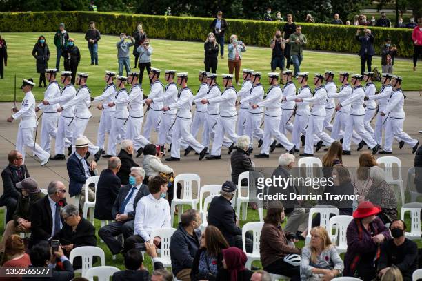 Members of the Australian Navy are seen on November 11, 2021 in Melbourne, Australia. Remembrance Day 2021 marks 103 years since the Armistice that...
