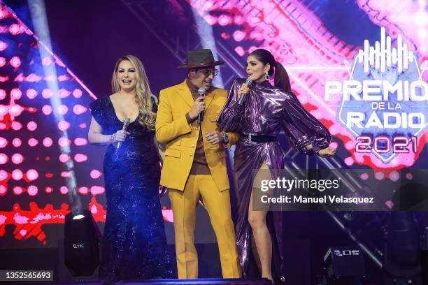 Patty Navidad, Capi Perez and Ana Barbara present at EstrellaTV's Premios de la Radio at Expo Santa Fe México on November 10, 2021 in Mexico City,...