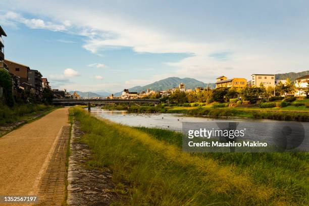 late summer view of kamo river, kyoto city - kamo river stock pictures, royalty-free photos & images