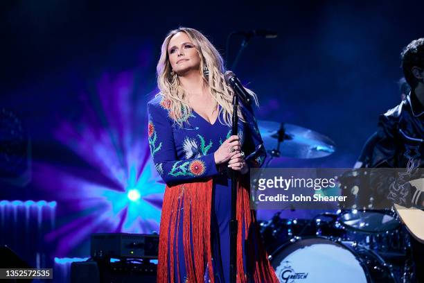 Miranda Lambert performs during the 55th annual Country Music Association awards at the Bridgestone Arena on November 10, 2021 in Nashville,...